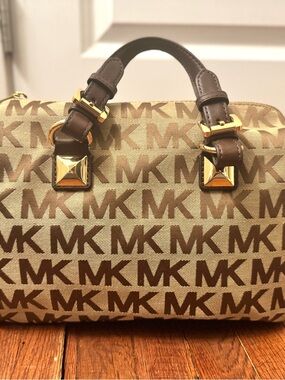Michael Kors Brown/Tan MK Logo Satchel with Gold Hardware